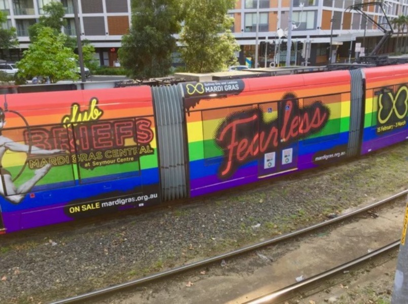 Sydney light rail decorated for Pride Month