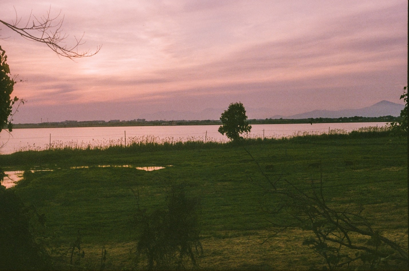 Pink and orange sunset near lake