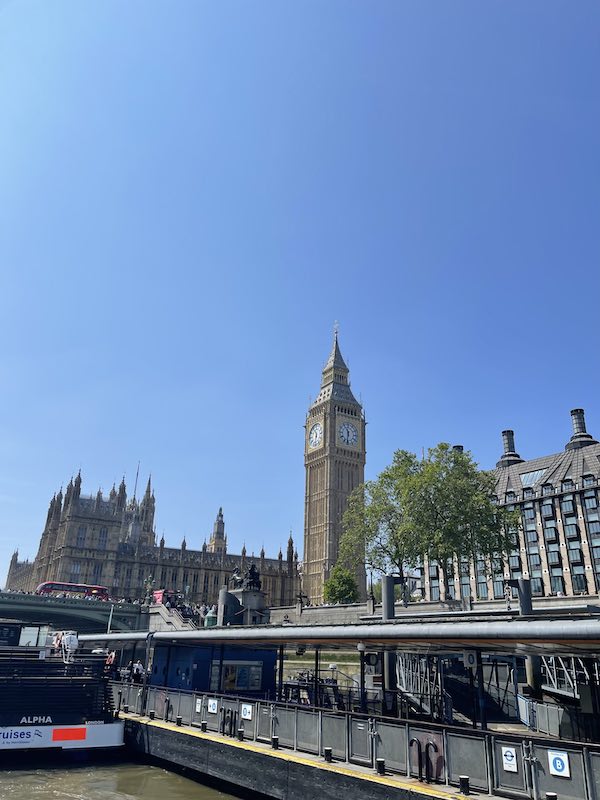 Westminster Abbey and Big Ben from a boat tour.